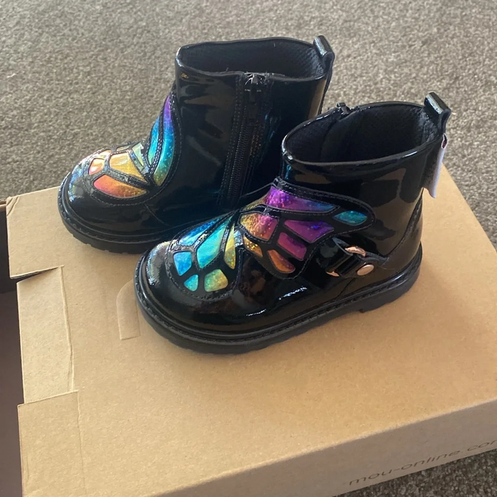 SOPHIA WEBSTER MINI Kids' Karina Rainbow Butterfly Boots In Black NWT